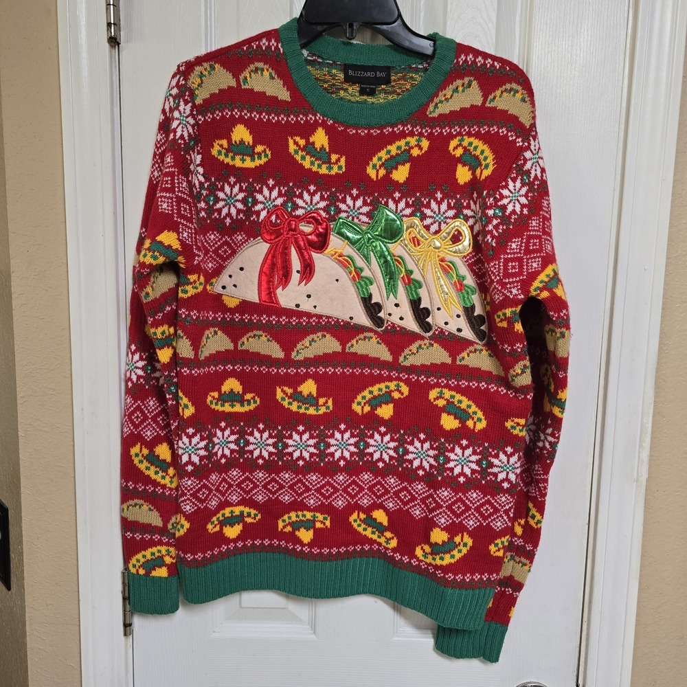 Blizzard Bay Tacos Sombrero Fiesta Mens Ugly Christmas Sweater Long Sleeve Red S